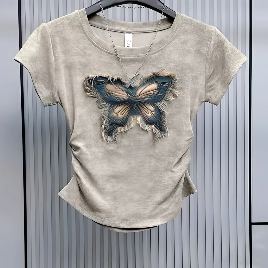 短袖T恤女装夏季新款大码微胖妹妹宽松显瘦独特百搭蝴蝶扎染上衣