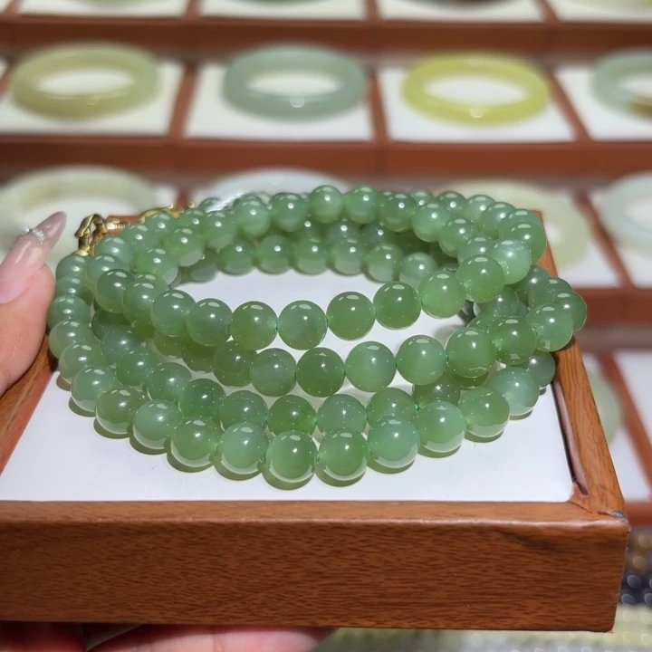 和田玉（黄玉）未镶嵌手链碧玉冰底粉绿108卡8mm