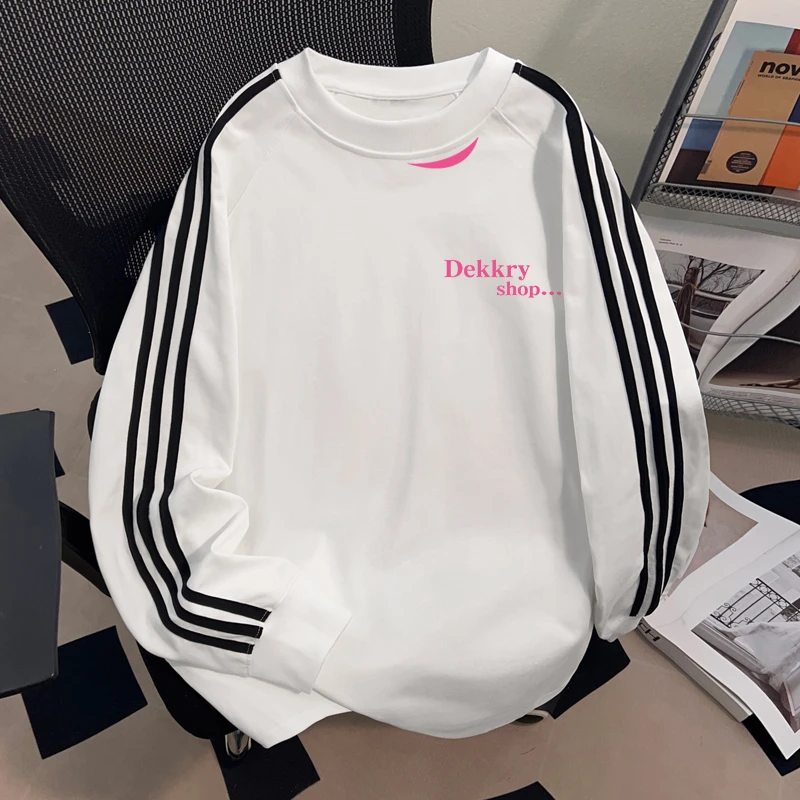 Dekkry潮流时尚三条杠t恤秋冬创意流行字母印花纯棉长袖男女上衣