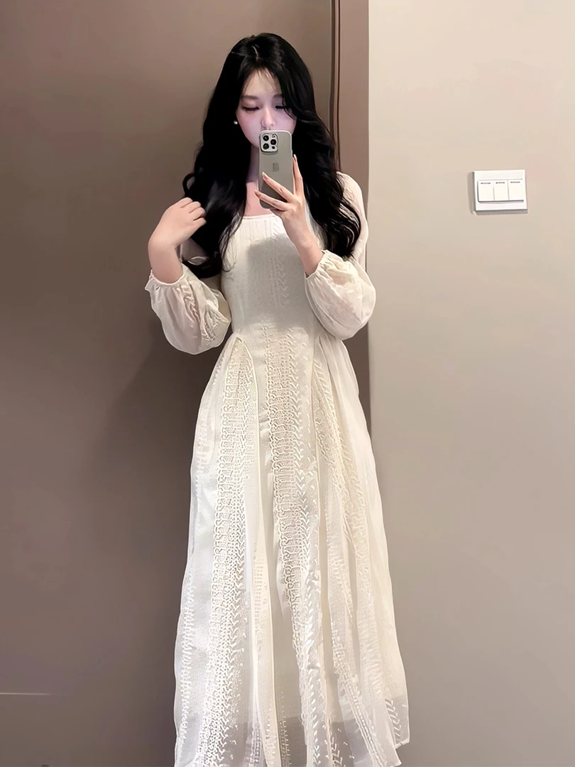 法式温柔风气质淑女白色连衣裙女装2025早秋新款休闲收腰显瘦长裙
