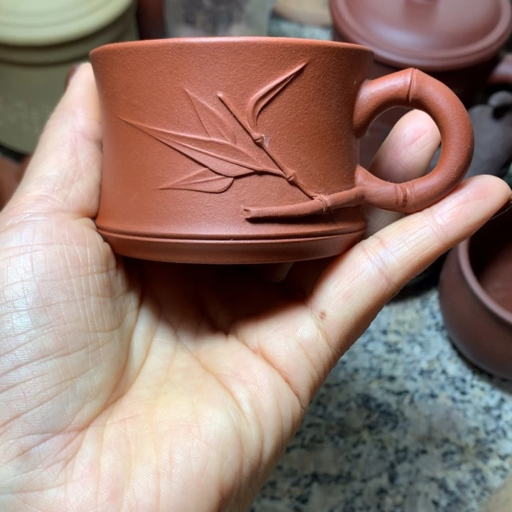 吳***森紫砂茶碗红泥主人杯竹叶带把5个