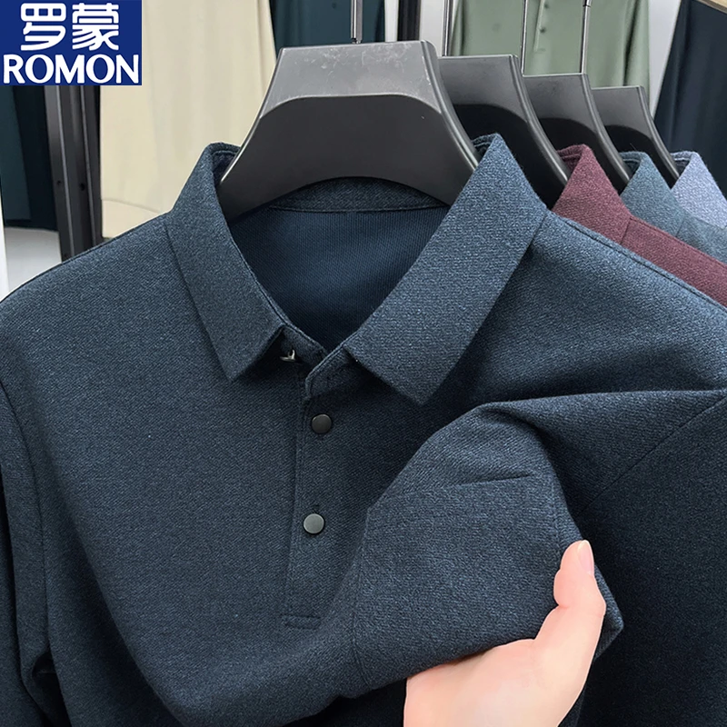 罗蒙长袖t恤男翻领纯色上衣服男装春秋季中年休闲polo体恤打底衫