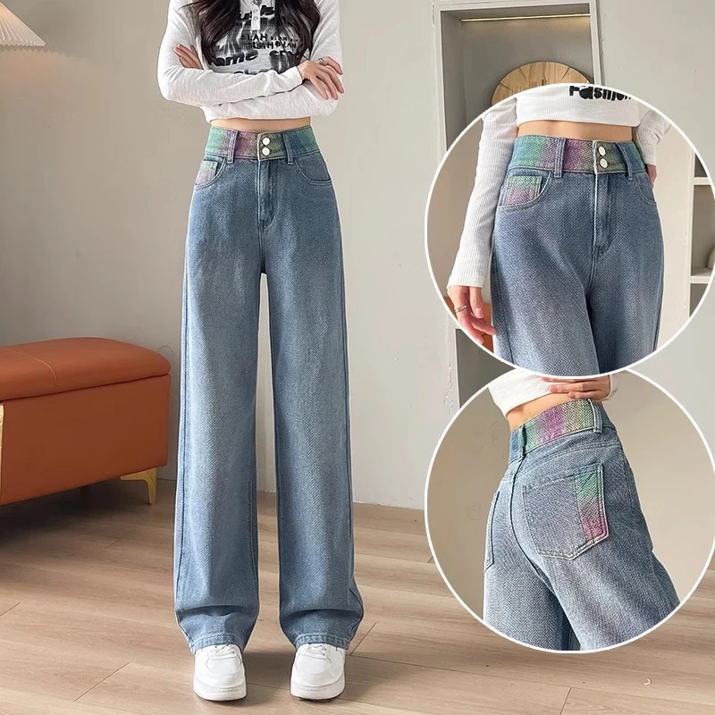 星空纹阔腿牛仔裤女春秋季2025年新款高腰显瘦设计感加绒直筒裤子