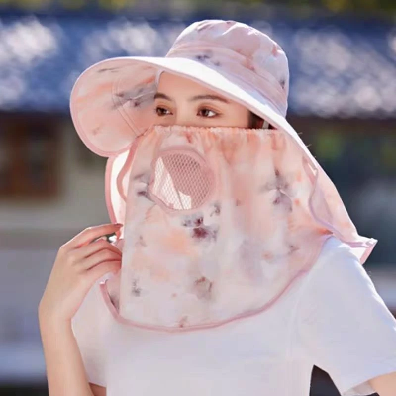 花朵防晒采茶帽女夏天 户外时尚透气太阳帽 防紫外线面纱护颈帽子