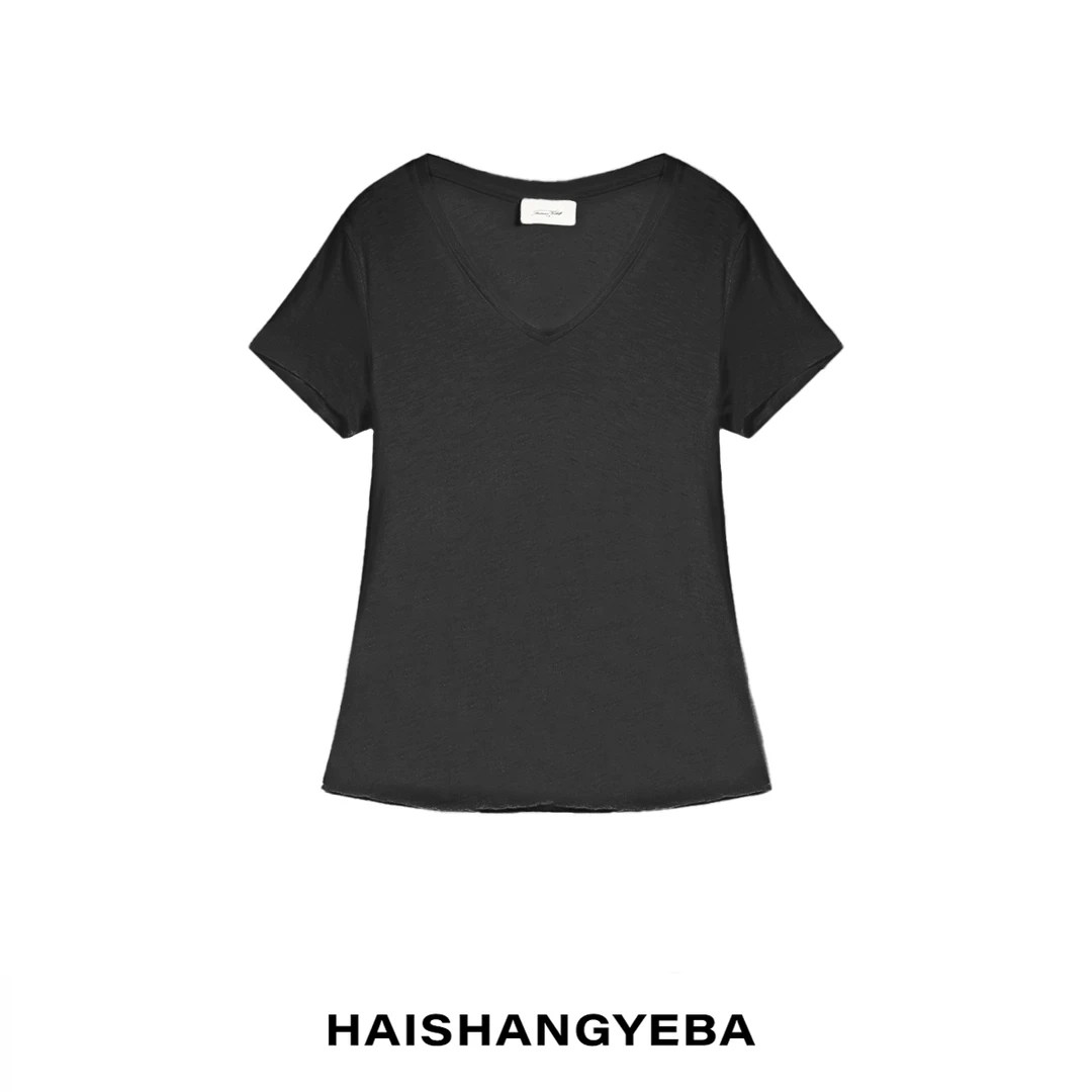 【海上叶爸2025夏季百搭粘胶V领休闲纯色舒适短袖T恤