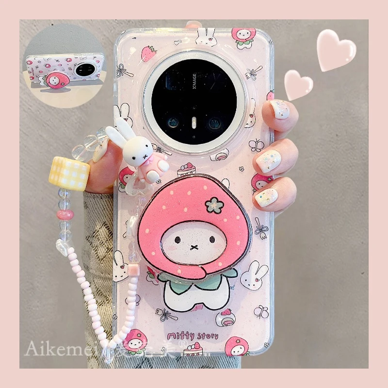适用华为mate70pro+手机壳波点蛋糕草莓mate60pro+头套米菲兔支架