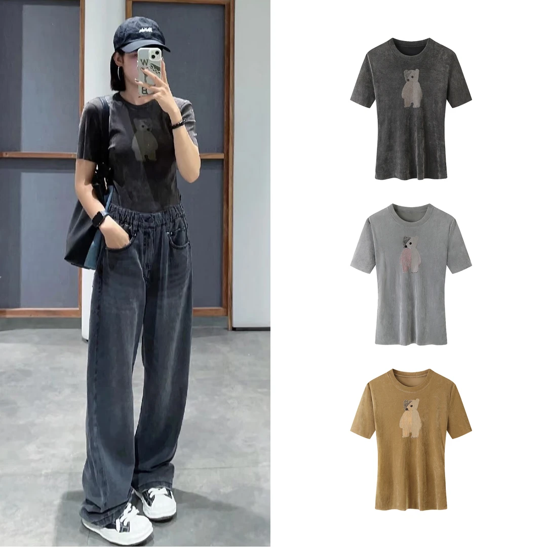 【0112】【丝绒小熊T】2025春装新品简笔印花正肩修身丝绒短袖T恤女