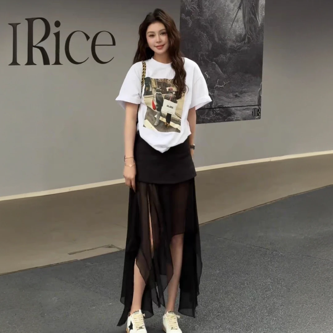 2025新款时尚宽松印花百搭短袖T恤+时尚拼接不规则纱裙两件套