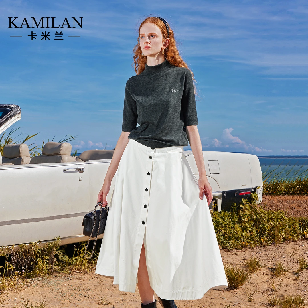 卡米兰宽松显瘦短袖女士针织衫2025秋季新款流行简约独特漂亮上衣