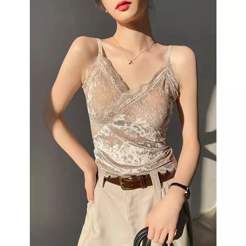 金丝绒v领蕾丝吊带背心女春秋季无袖带胸垫内搭外穿打底短款上衣