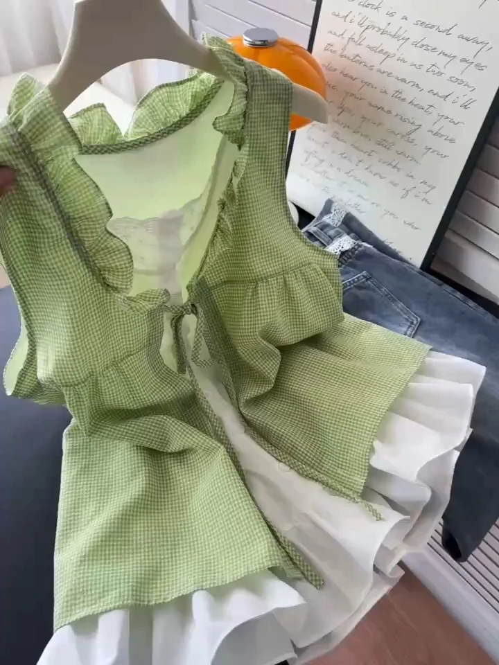 韩系清新格子无袖背心衬衫女夏季设计感蝴蝶结绑带假两件拼接上衣