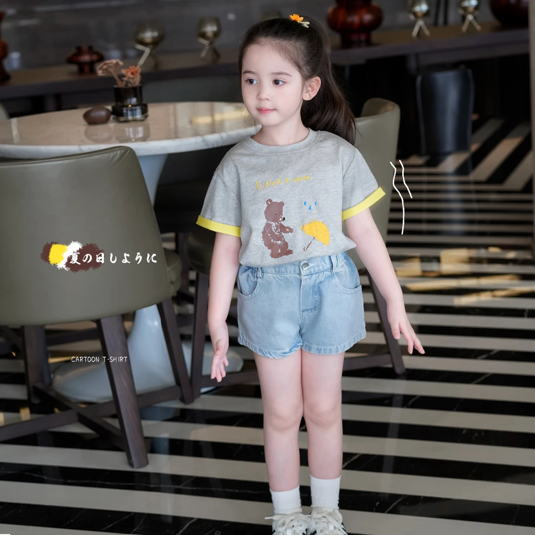 AnnieGirl优质棉刺绣小熊印花卡通T恤女童撞色短袖2025夏季新款