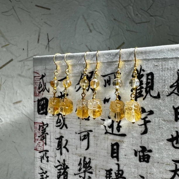 黄水晶貔貅耳饰925银手工气质耳勾