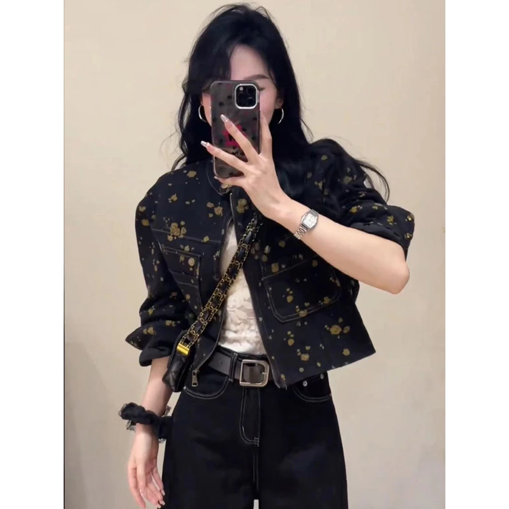 复古花色印花牛仔外套女春秋季穿搭新款设计小众短款气质休闲夹克