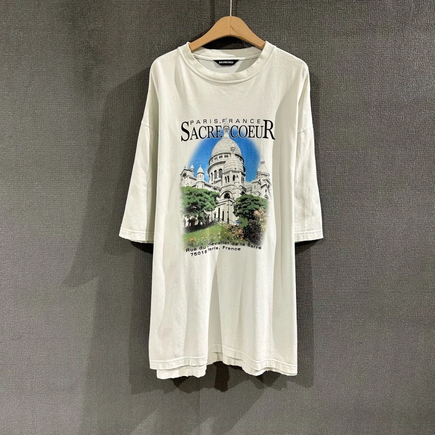 95新 Balenciaga/巴黎世家 (pm) 城堡印花短袖T恤 xs码/8507