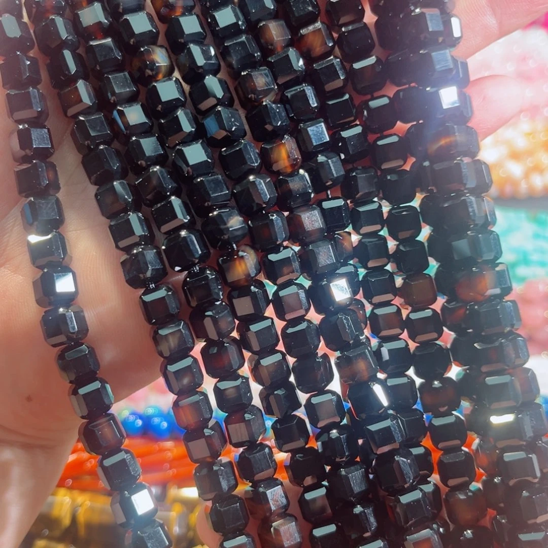 玛瑙/玉髓合金珠宝半成品黑玛瑙切角方糖一条8mm