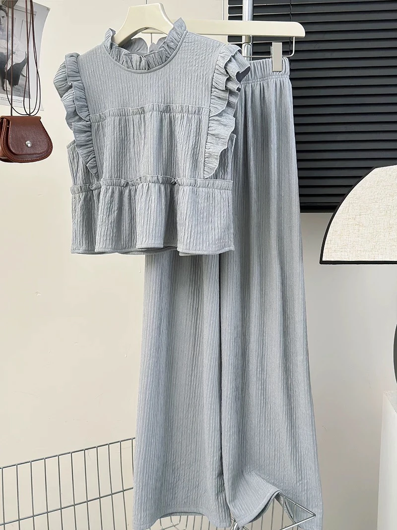 208【两件套】高级复古韩系纯色设计款凉感时尚套装（K019）