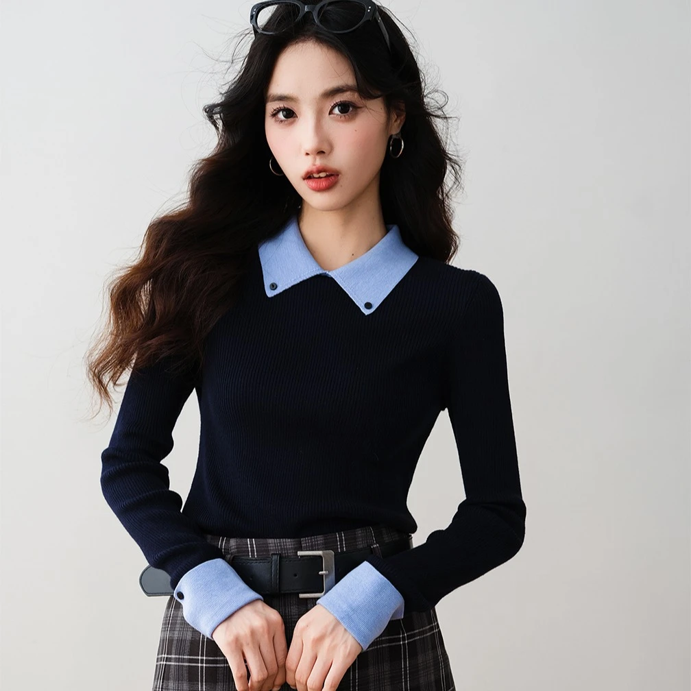 职业阿玛诗官2025秋冬季新款假两件翻领长袖针织衫女款打底衫上衣