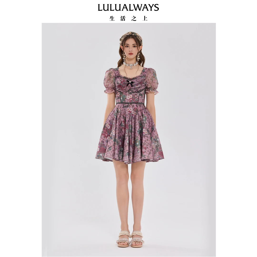 LULUALWAYS我爱露露25夏季新款法式宫廷收腰显瘦雪纺提花连衣裙女