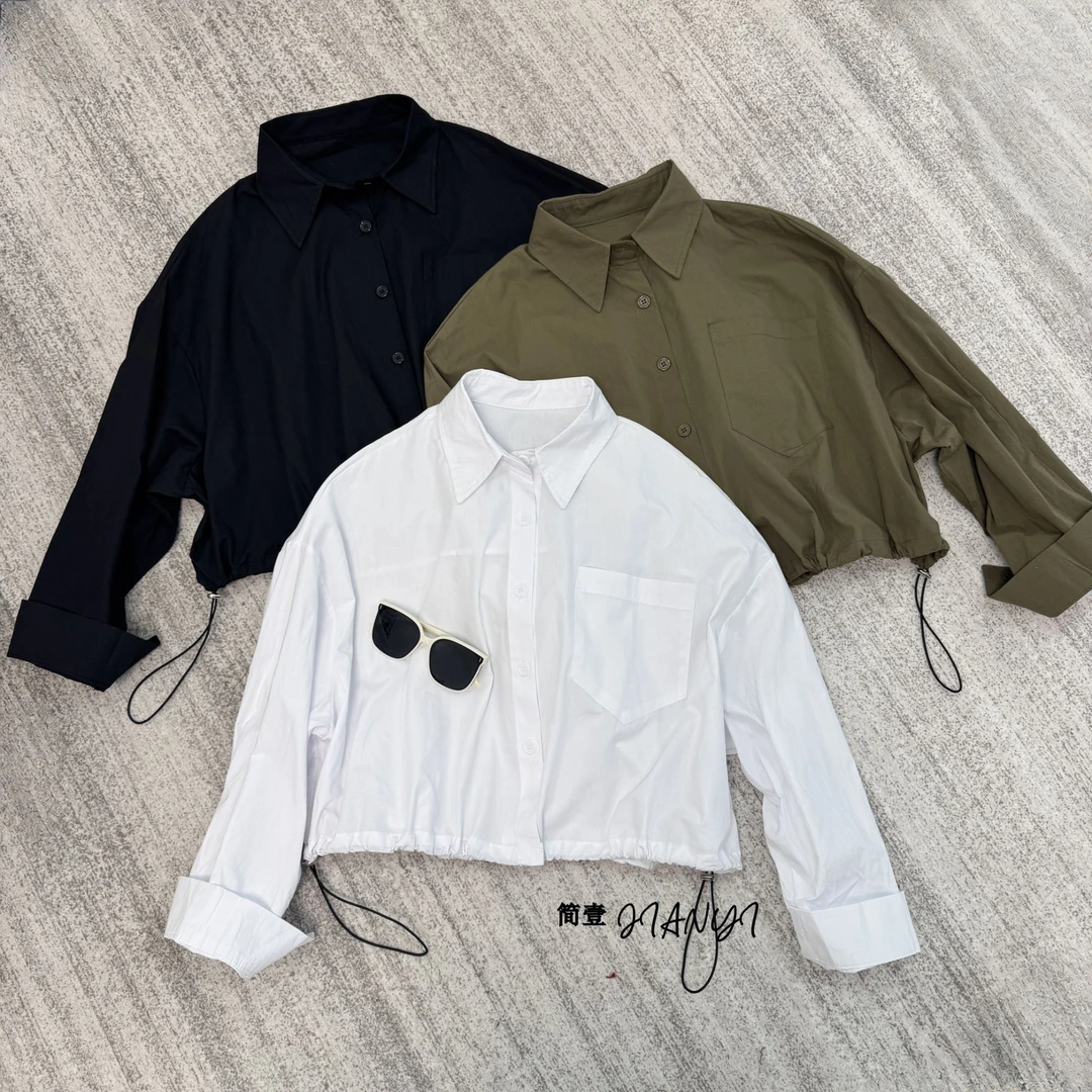 新款2025秋季时尚短款抽绳长袖衬衣女百搭显瘦韩版宽松设计感上衣