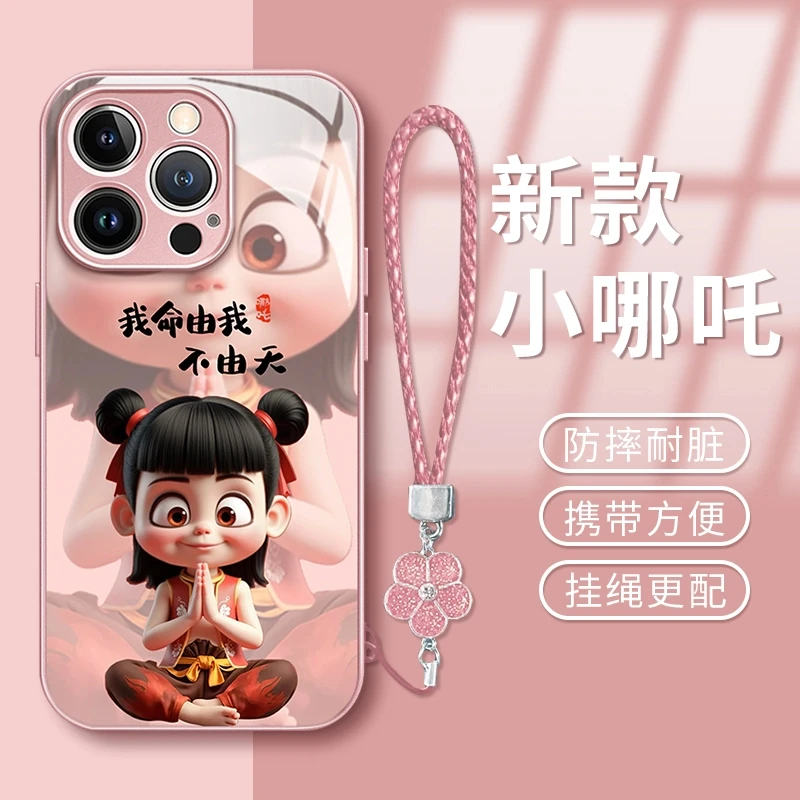 哪吒手链金属漆玻璃壳适用于苹果华为vivo小米oppo防摔女款手机壳