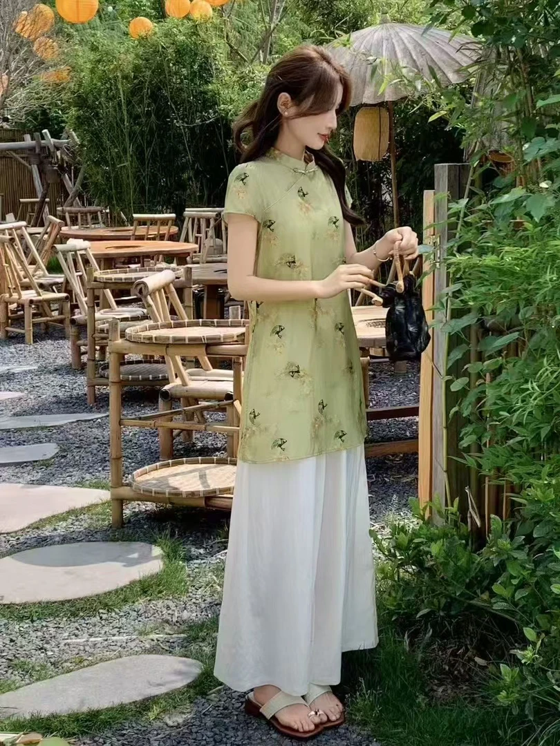 中国风新中式时尚套装复古唐装夏季连衣裙短袖提花