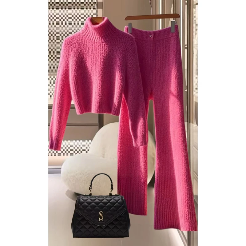 韩系搭配一整套冬装高级慵懒风松弛感玫红色高领毛衣针织套装女裤