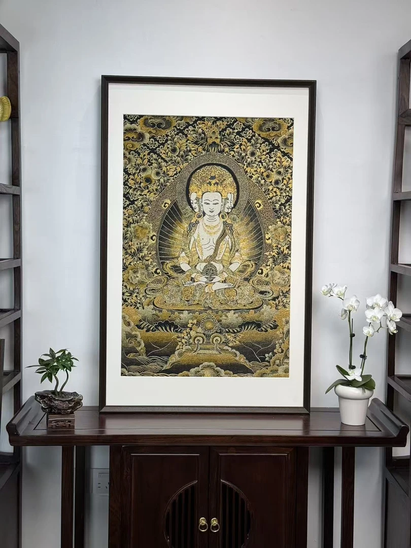 【大日如来】刺绣菩萨挂画实木装裱适用于办公室玄关茶室书房背景墙