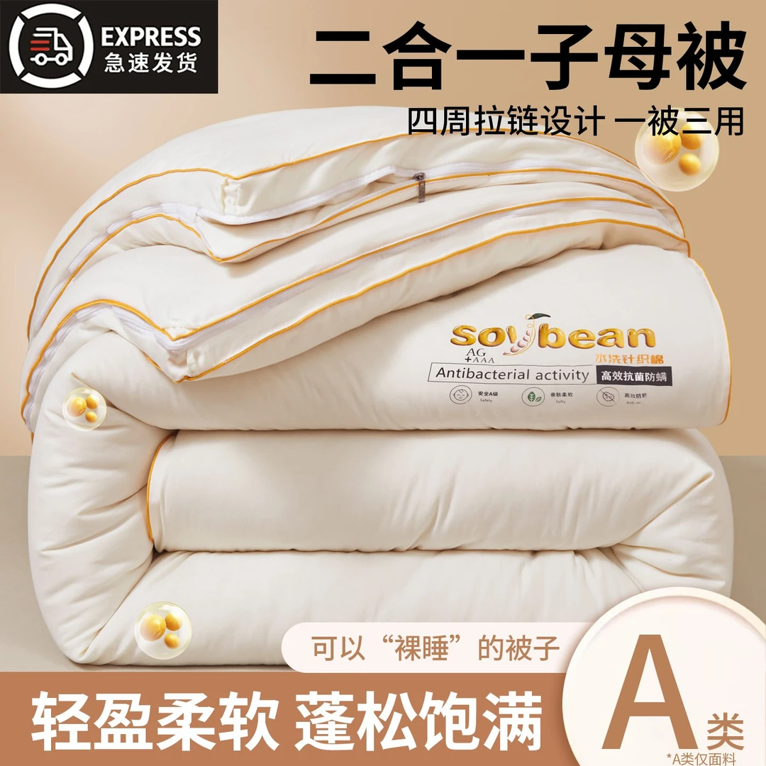 大豆纤维子母被二合一拉链款被子冬被加厚保暖棉被双胞胎字母被芯