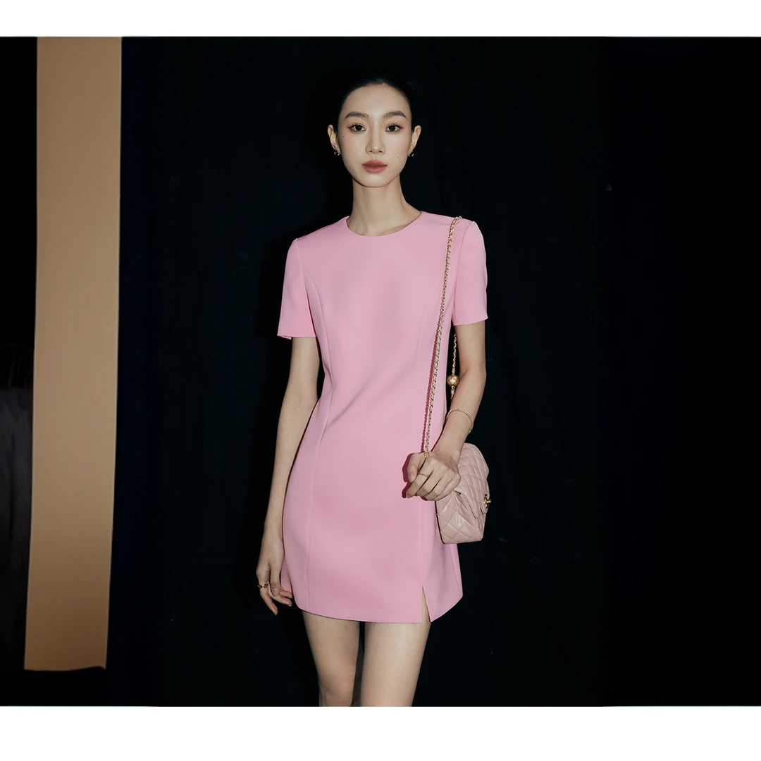 【诗语专属】法曼萱法式粉色极简收腰浪漫短袖裙女2025年裙子