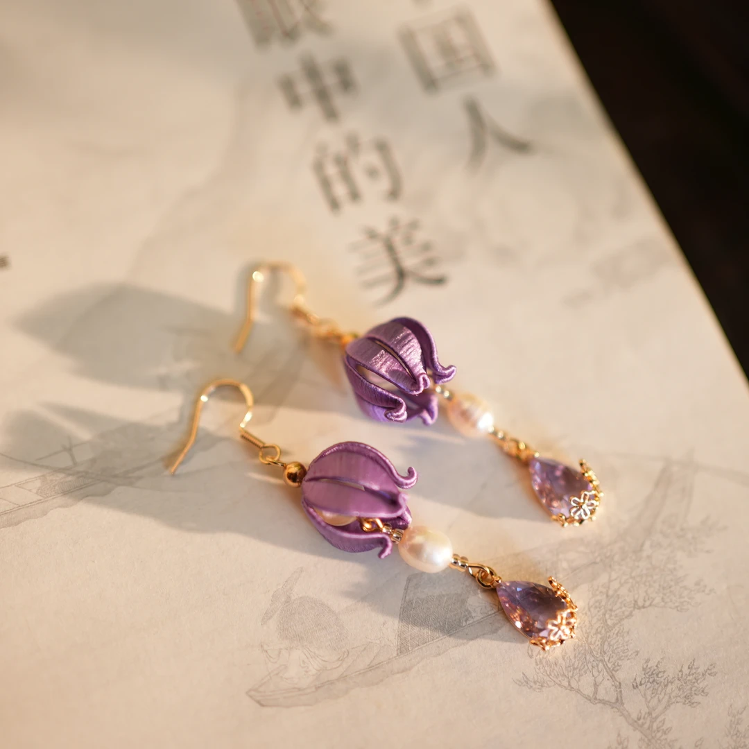 非金属布艺耳饰 【铃兰耳饰】紫色 非遗手工缠花 日常国风仙女礼品