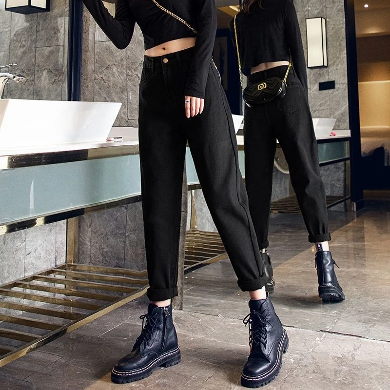 韩式春秋季哈伦高腰直筒宽松显瘦牛仔裤女学生韩版百搭九分裤子女