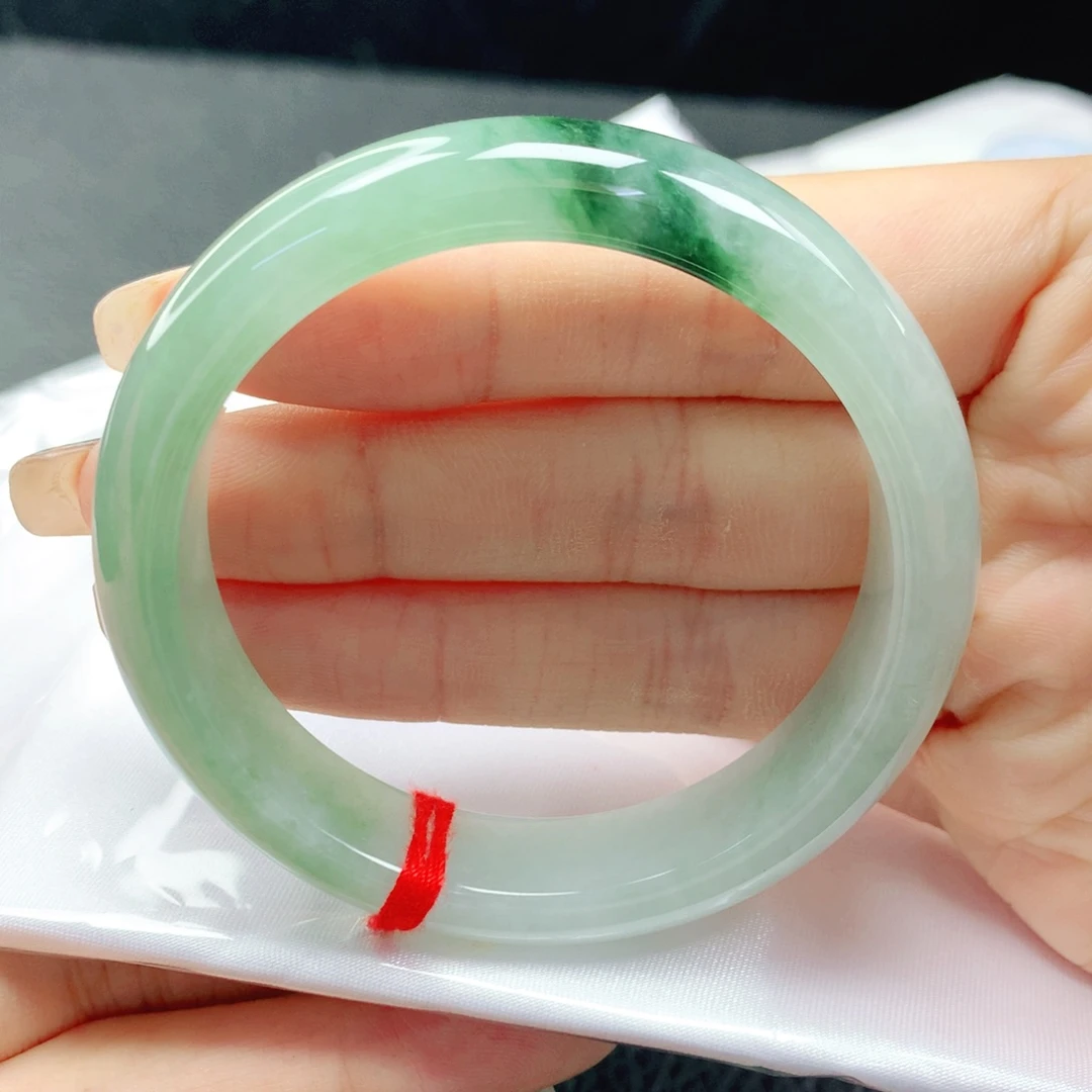 翡翠未镶嵌手镯缅甸54.7冰绿半山水飘墨绿花正圈