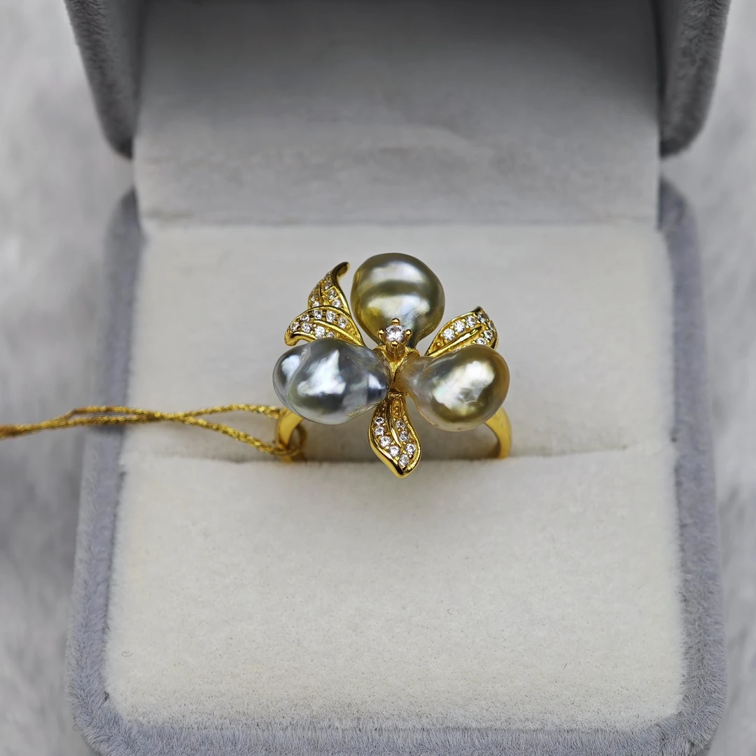 海水金珠keshi三珠花朵戒指鎏金色野生无核无瑕时尚百搭新春礼物