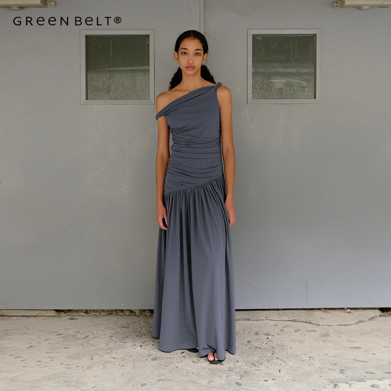 GREEN BELT城市漫游25夏莫代尔一字肩连衣裙女修身大裙摆A字长裙