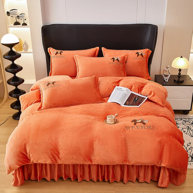 LangSha/浪莎高端定制刺绣款牛奶绒床盖四件套双面绒床盖可机洗