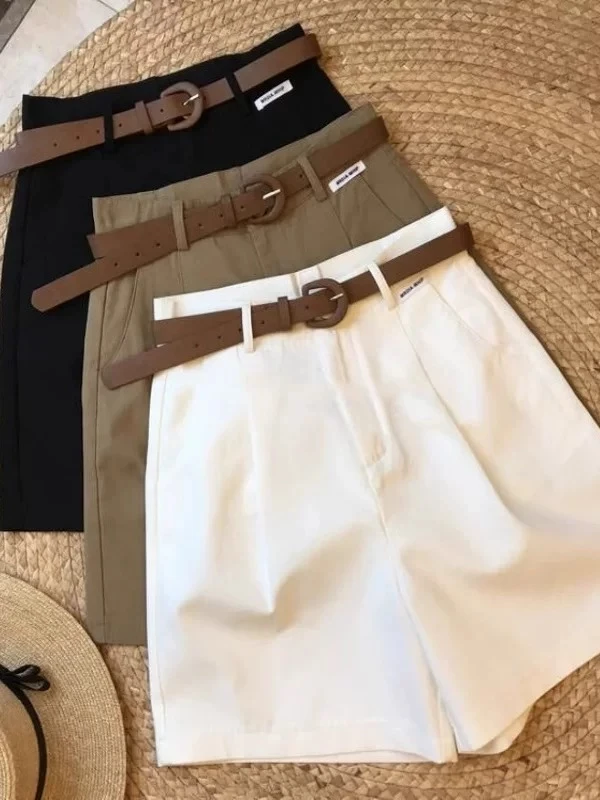 【送腰带】高腰西装短裤夏季女百搭休闲显瘦阔腿五分裤W741