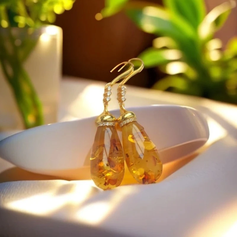 琥珀花珀耳坠气质轻奢时尚百搭长款精致耳勾