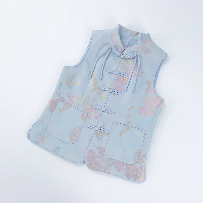 酒窝桃子鹤舞九天大码织缎锦新中式马甲结构显瘦遮肉无袖珠光扣冬