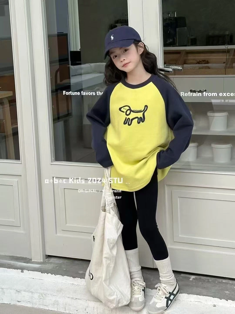 【haobaby】2024拼接款小狗磨毛加绒长袖T恤6857