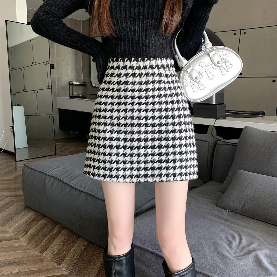 计感千鸟格毛呢a字短裙女大尺码微胖mm高腰mm长款大码毛呢半身裙