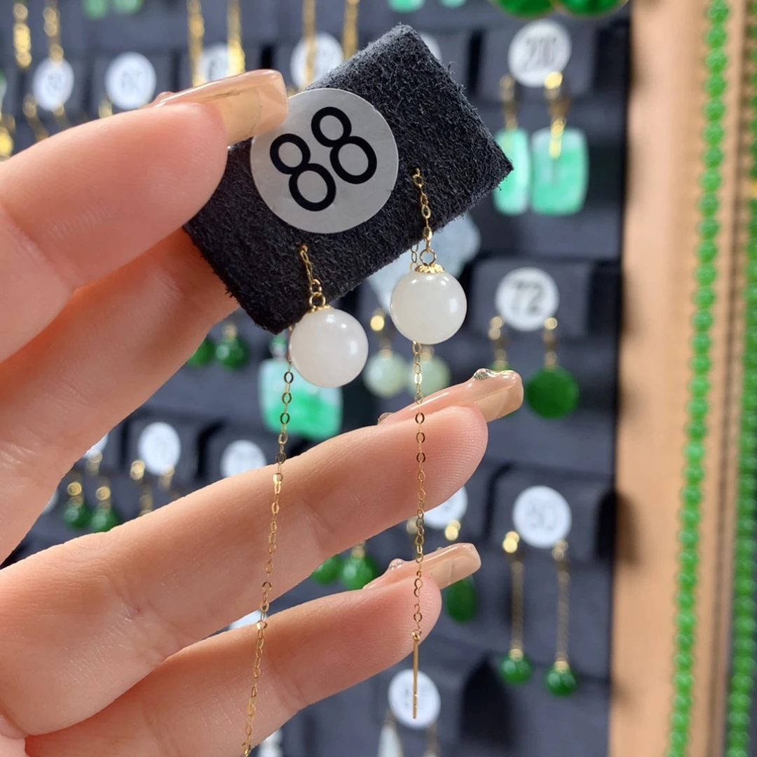 和田玉耳饰18K金镶嵌