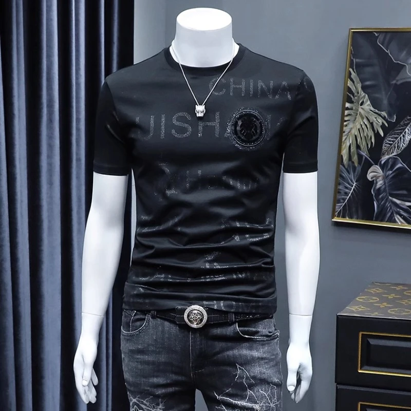 基密雷昂欧版新款男丝光棉短袖t恤潮牌潮流青年个性烫钻冰丝半袖