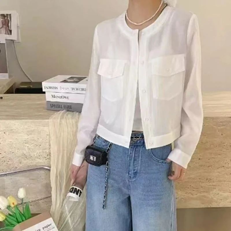 2025春夏新款百搭纯色休闲宽松小众显瘦单排扣短款衬衫防晒上衣女