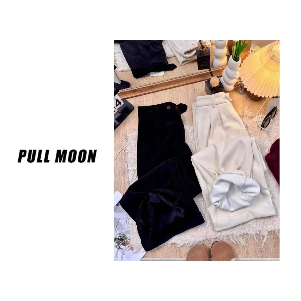 38-698  毛呢阔腿裤女纯色卷边休闲裤加绒呢子裤直筒裤130