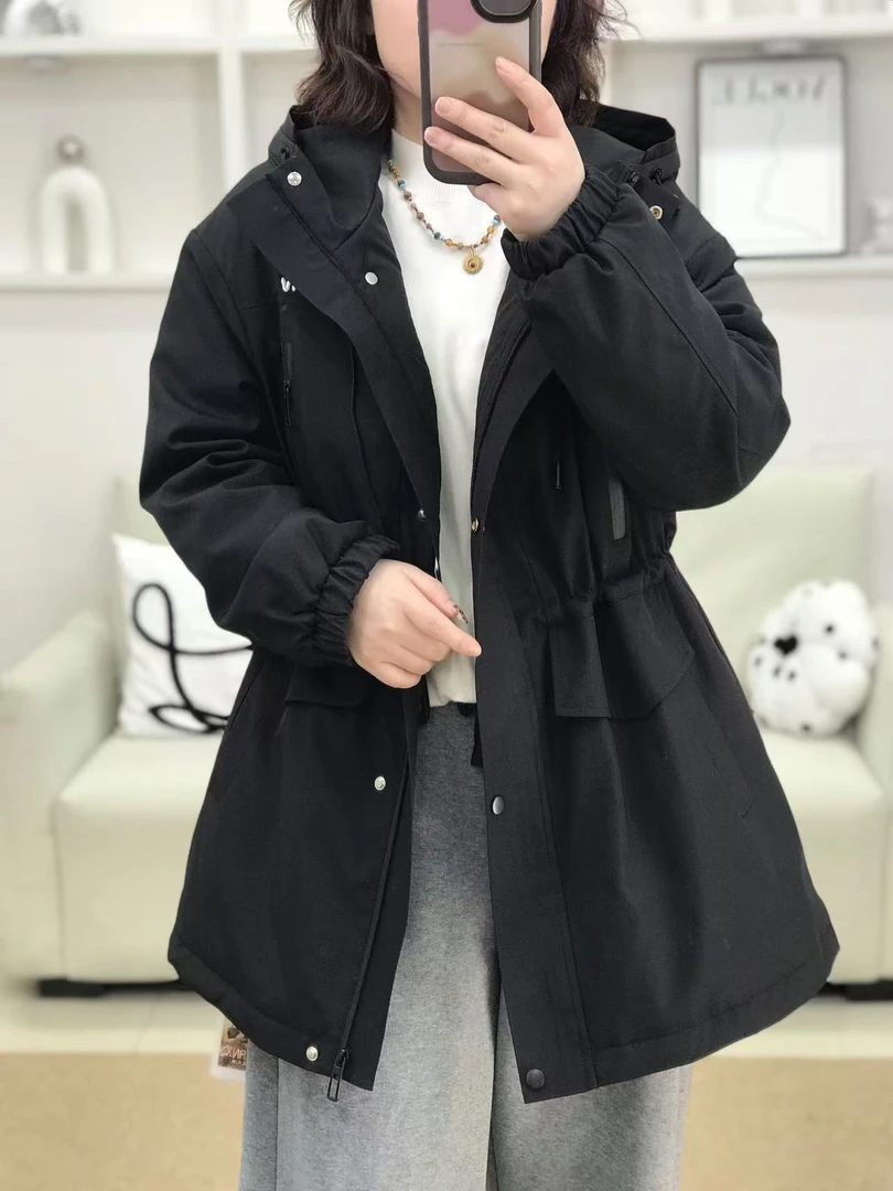 {莹莹推荐}姬668125秋季大码女装简约小字母抽绳加棉冲锋衣外套