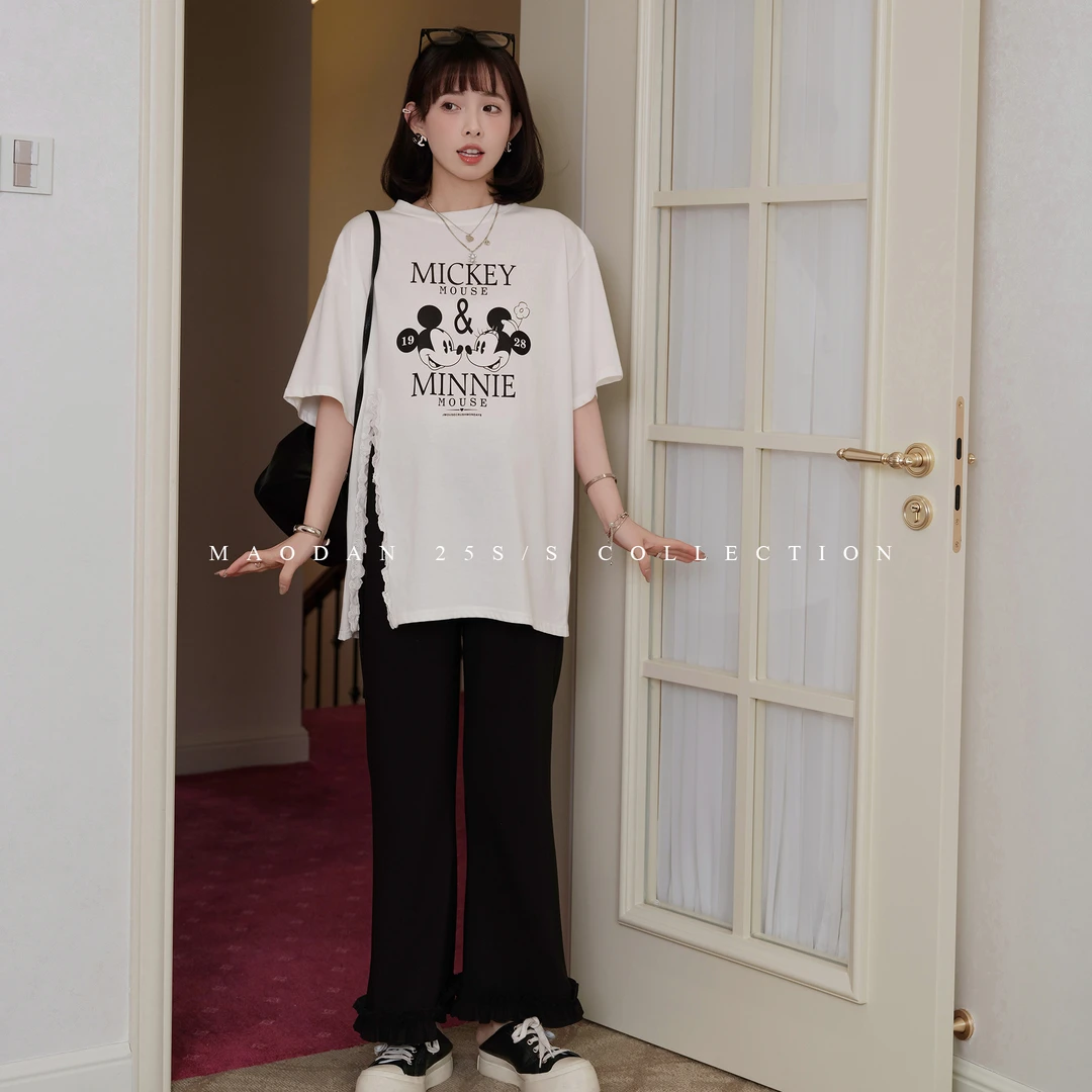 maodan/猫单【米奇比利】孕妇装2025新款夏装猪鼻扣腰头直筒休闲裤.