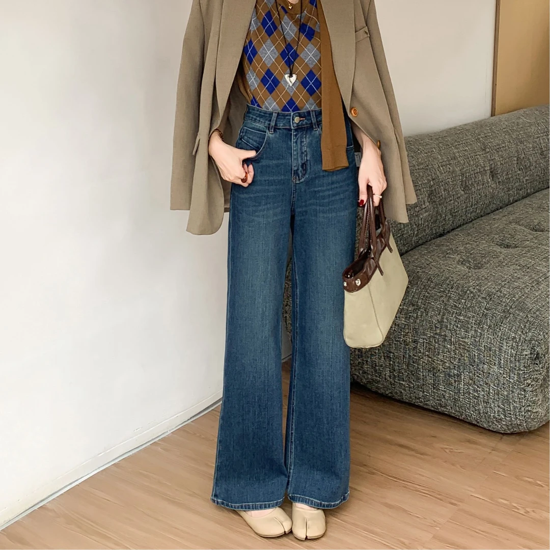 F95608菲西子牛仔裤女秋季时尚高腰百搭休闲窄版阔腿裤