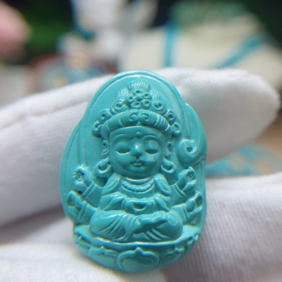 绿松石未镶嵌高瓷绿精雕千手观音宝宝