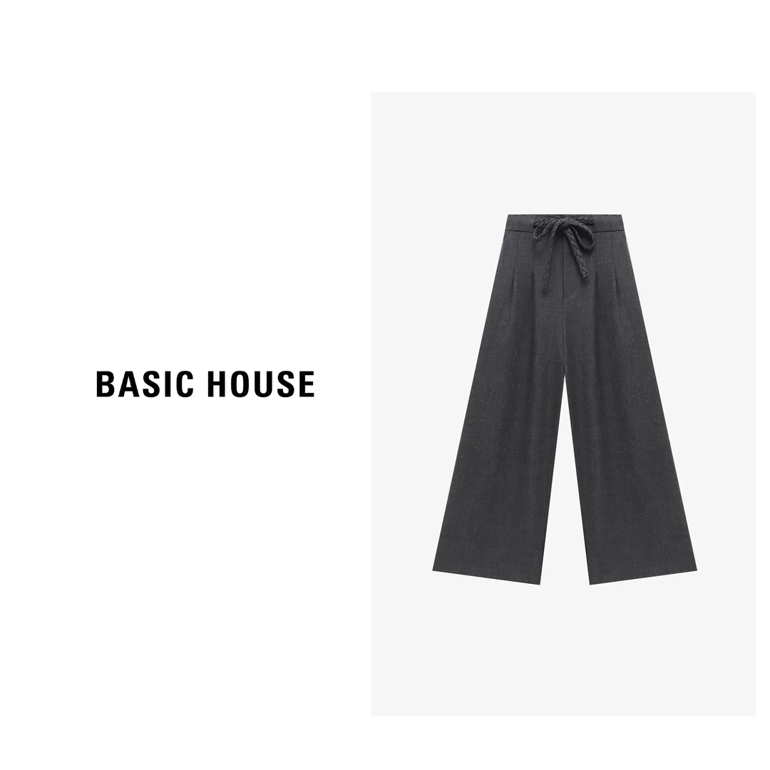 Basic House/百家好秋季新款极简轻奢花结麻绳腰长裤-B0625B5IZK2